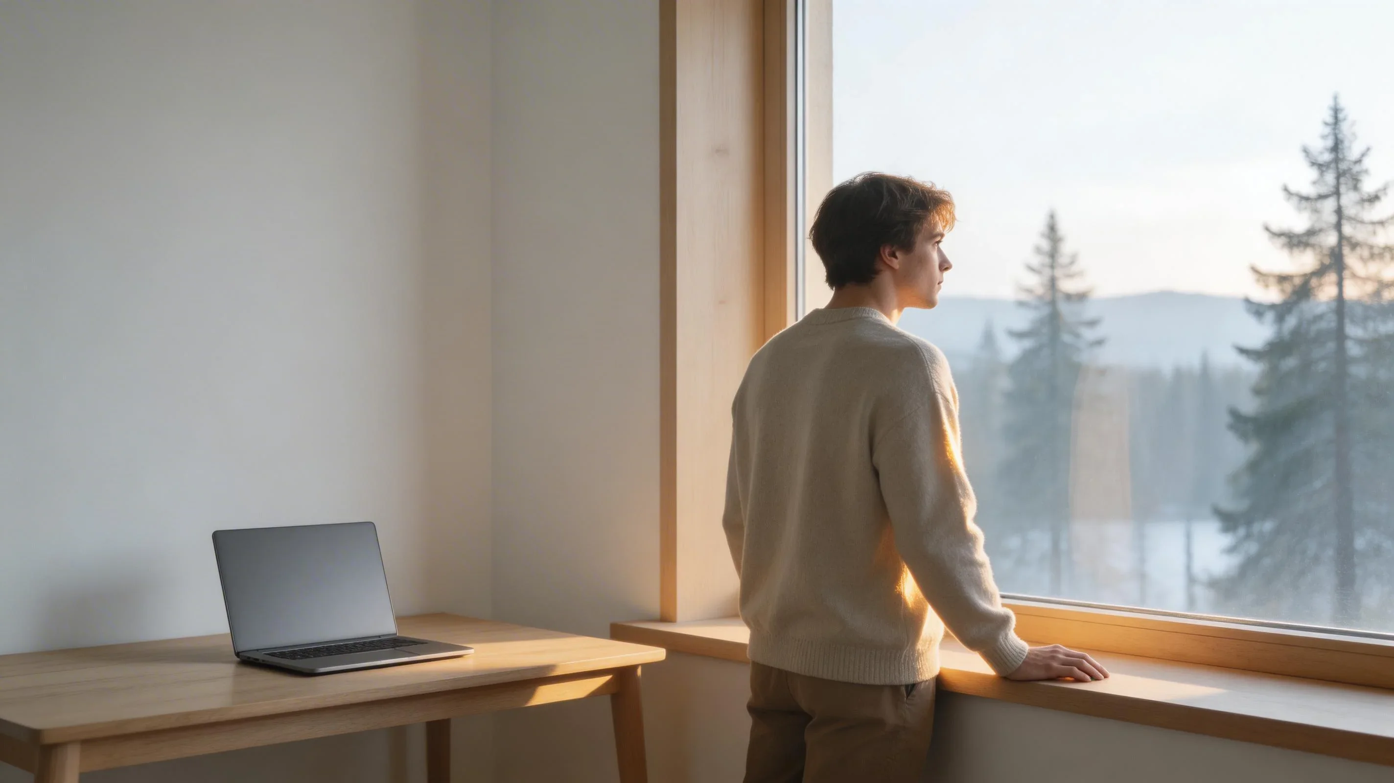 Person tar paus från dator och tittar ut genom fönstret