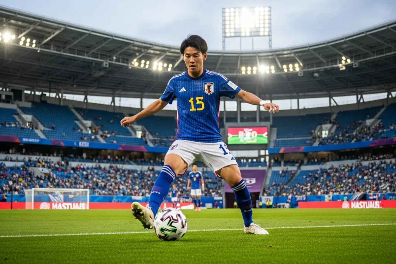 Takefusa Kubo dribblar förbi en motståndare i Japans tröja