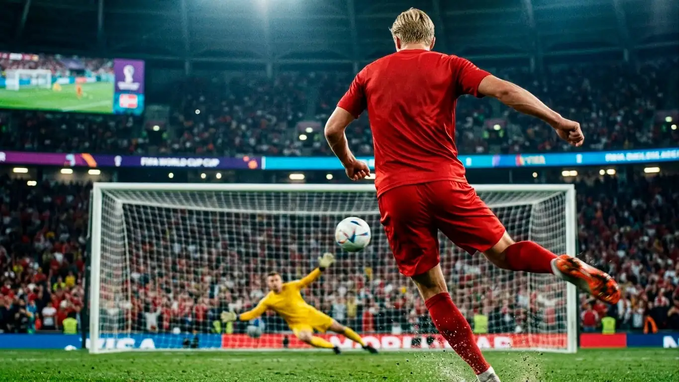 Anfallare i avslutsläge framför mål i en intensiv VM-match