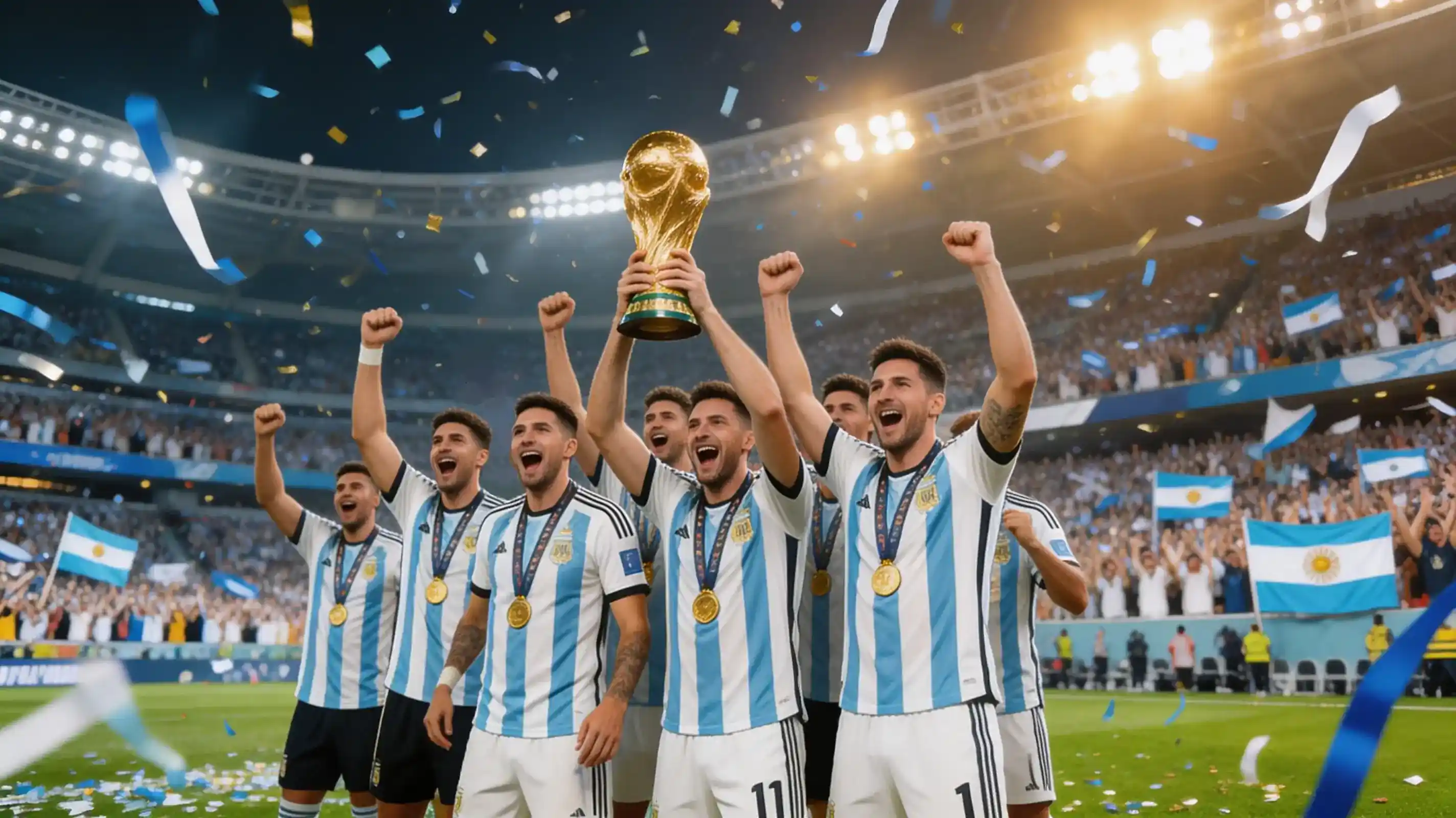 Lionel Messi lyfter VM-pokalen i Qatar 2022 omgiven av sina lagkamrater