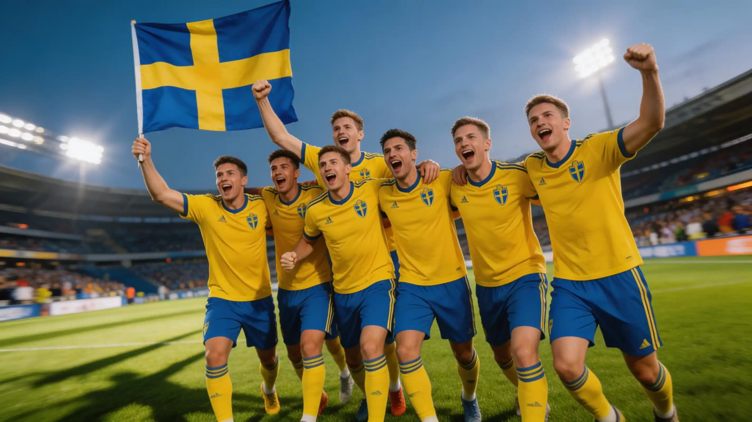 Svenska landslaget firar efter avgörande VM-kvalmatch mot Polen i mars 2026
