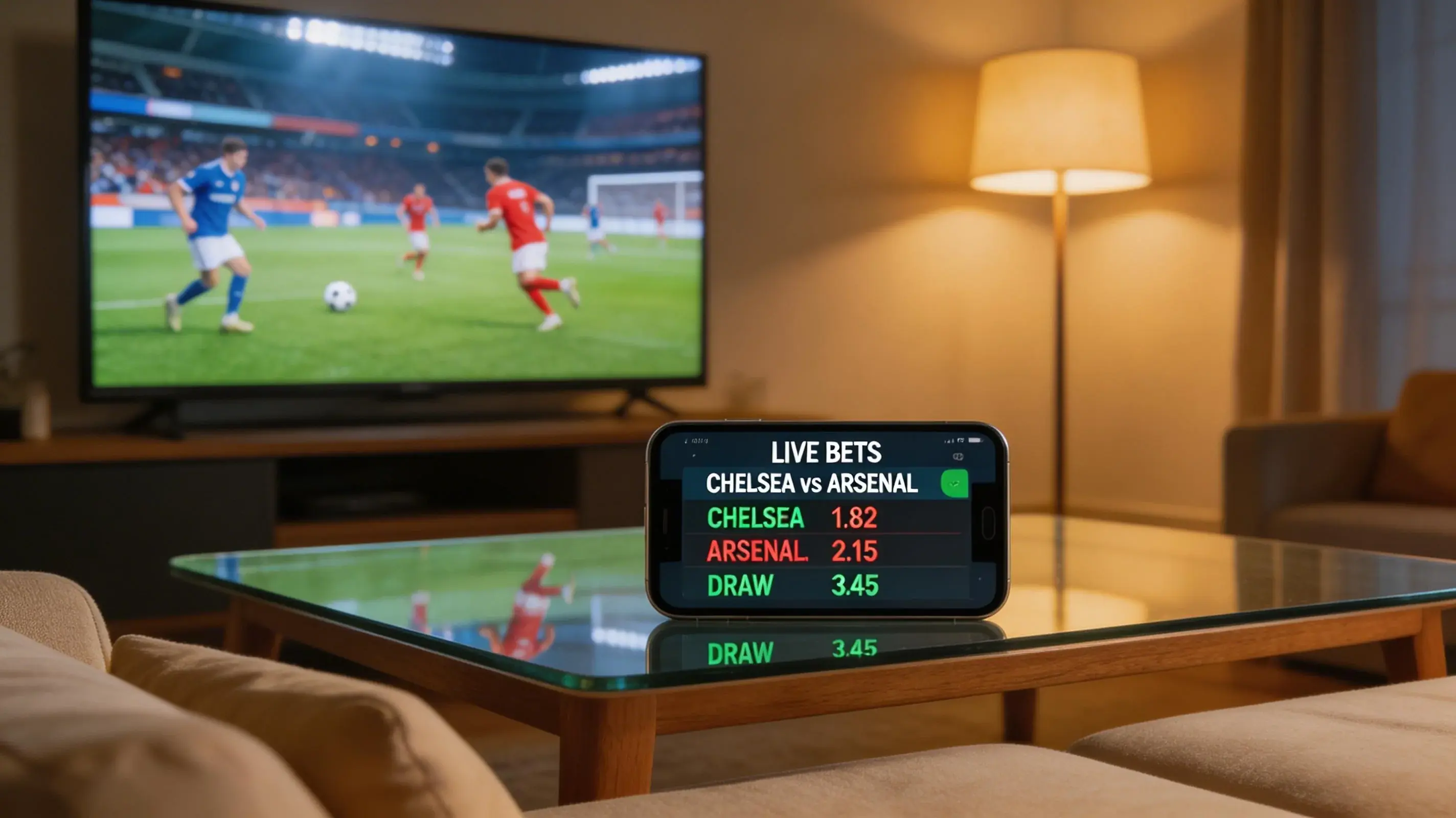 Fotbollsmatch på TV-skärm med liveodds i förgrunden