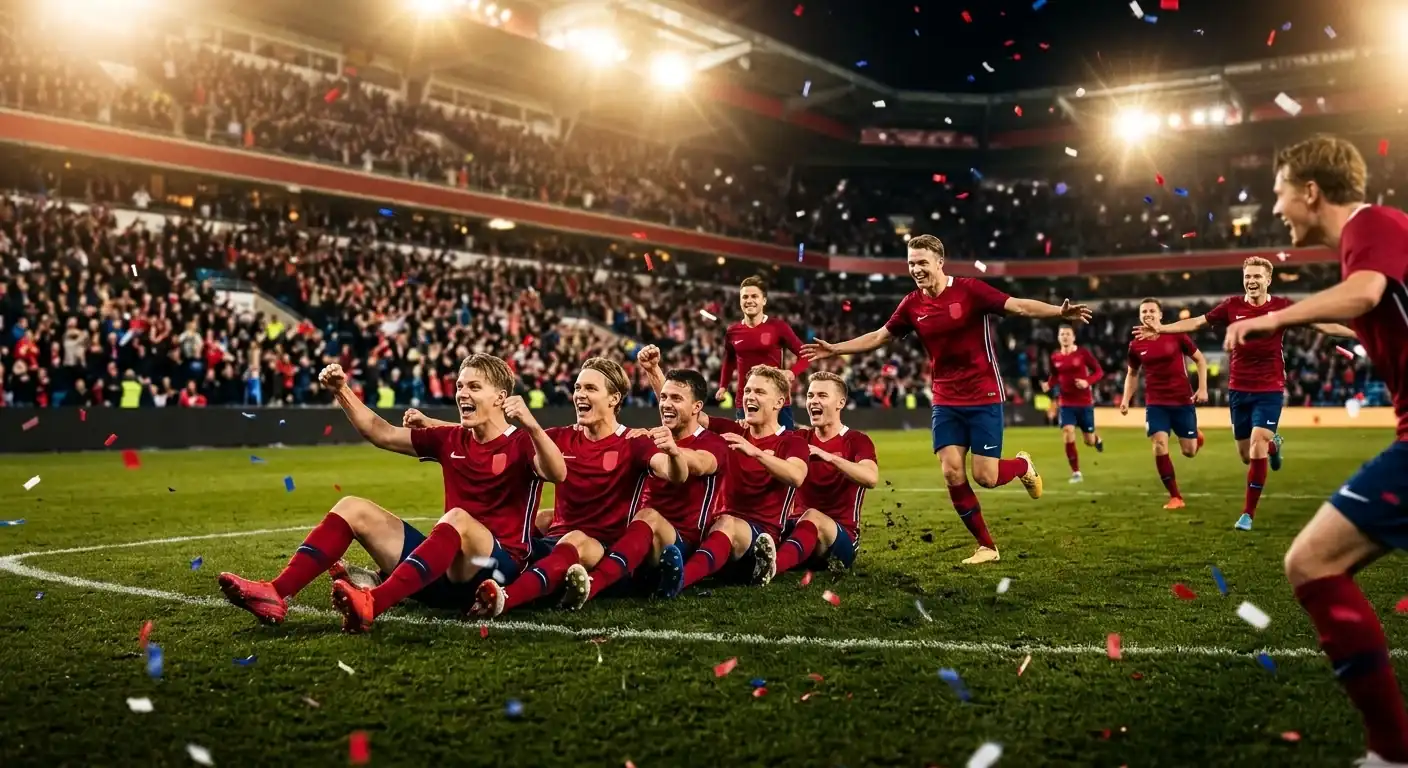 Norska spelare i röda tröjor firar med en vikingabåtgest efter en historisk VM-seger