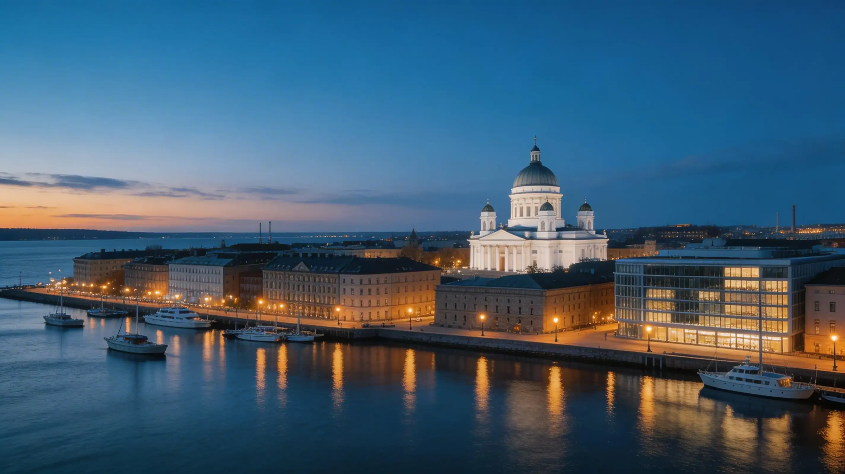 Finländskt landskap med Helsingfors stadsvy i kvällsljus