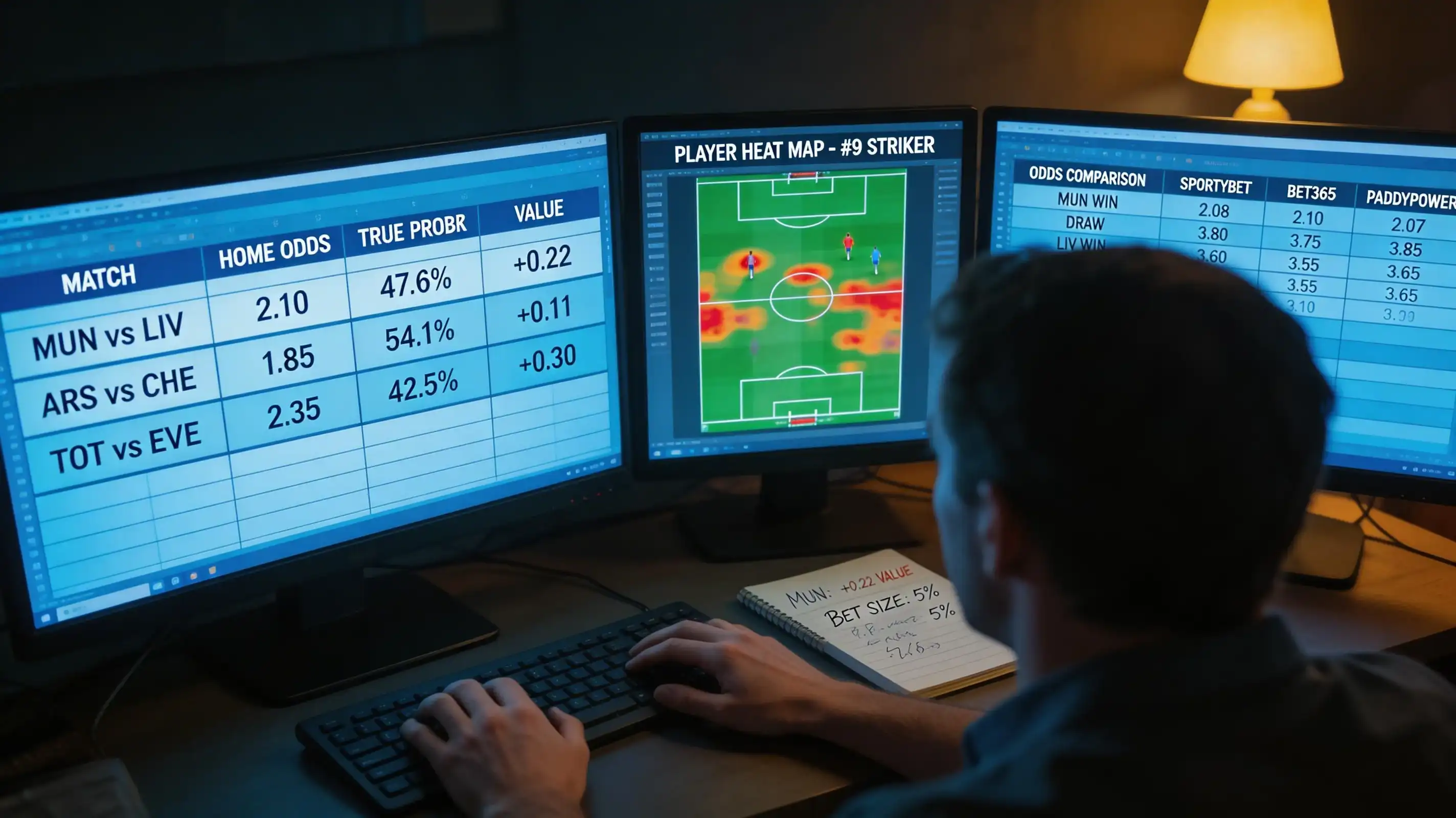 Analytiker studerar fotbollsstatistik och oddsjämförelser på datorskärm