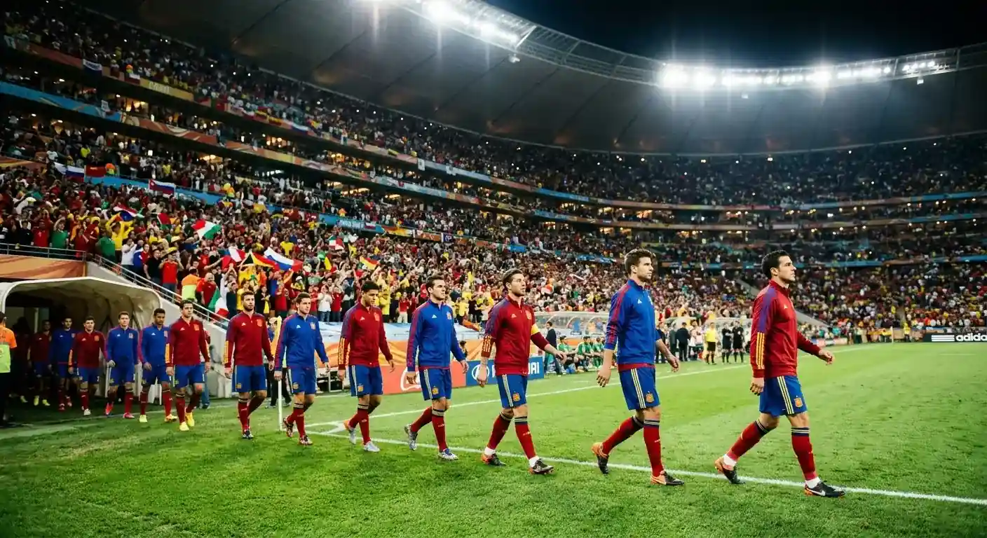 Ett landslag i rött och blått gör sig redo för en åttondelsfinal på ett fullsatt VM