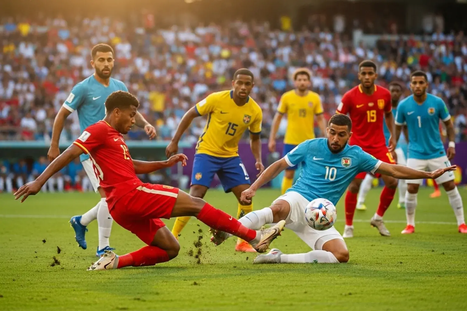 Fotbollsspelare firar mål under internationell turnering på fullsatt stadion
