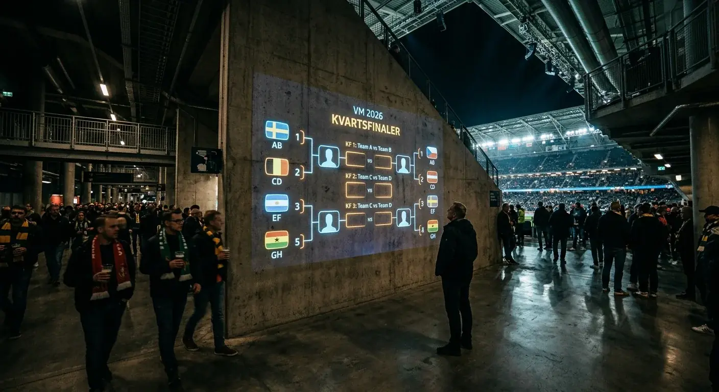 En VM-kvartsfinalbracket projicerad på en mörk bakgrund med siffror och flaggor
