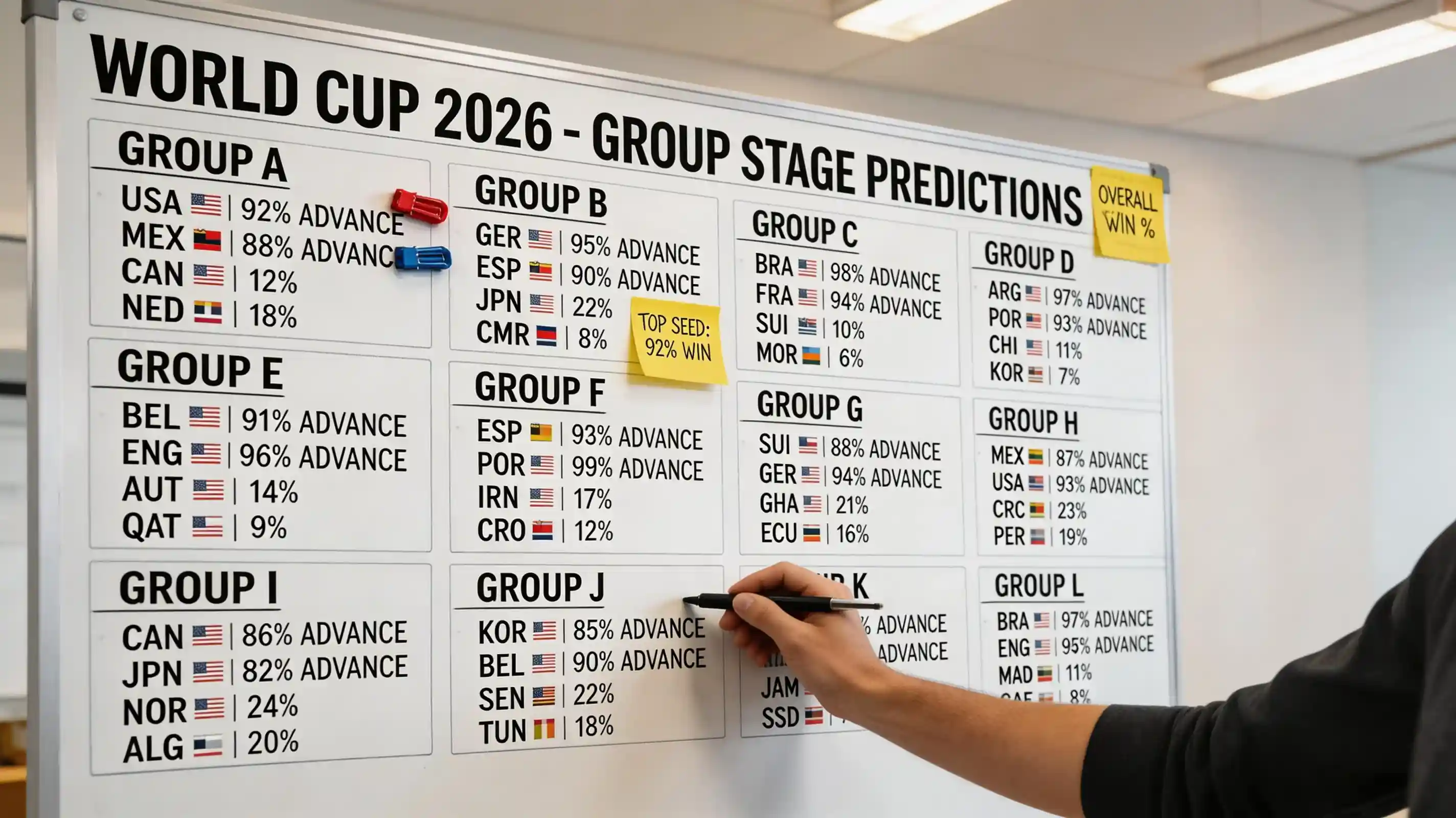 Analysdiagram med VM 2026 gruppspelsprognoser och statistik över historiska träffsäkerheter