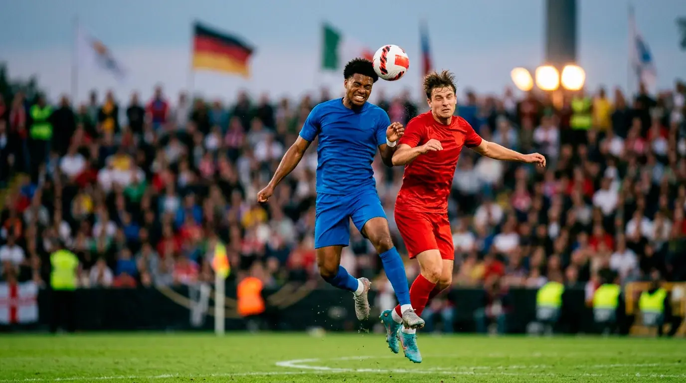 Fotbollsspelare i närkamp under en intensiv gruppspelsmatch