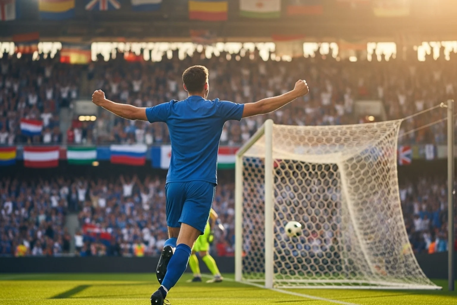 Fotbollsspelare i målgörarsituation med statistikgrafik över VM-skyttekungar genom historien