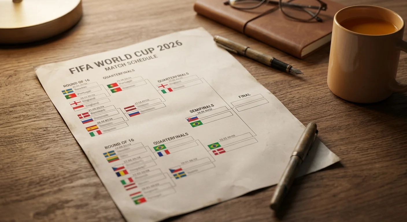 En VM-spelschemavy i närbild med datum och flaggor, fotograferad i en studio