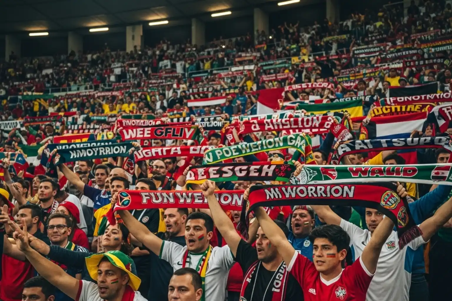 Fotbollsfans på läktare med flaggor och halsdukar under VM-match